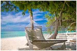 A hammock on a beach in the Caribbean
